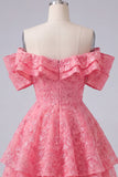 Off the Shoulder Ruffled A Line Applique Hot Pink Homecoming Dress