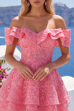 Off the Shoulder Ruffled A Line Applique Hot Pink Homecoming Dress