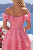 Off the Shoulder Ruffled A Line Applique Hot Pink Homecoming Dress