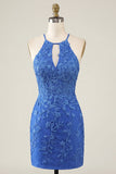 Royal Blue Applique Halter Bodycon Homecoming Dress with Lace-up Back