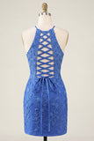 Royal Blue Applique Halter Bodycon Homecoming Dress with Lace-up Back