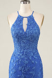 Royal Blue Applique Halter Bodycon Homecoming Dress with Lace-up Back