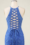 Royal Blue Applique Halter Bodycon Homecoming Dress with Lace-up Back