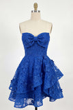 Sweetheart Royal Blue A Line Lace Applique Corset Homecoming Dress with Bow
