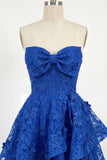 Sweetheart Royal Blue A Line Lace Applique Corset Homecoming Dress with Bow