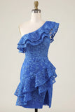 One Shoulder Ruffled Bodycon Lace Applique Royal Blue Homecoming Dress