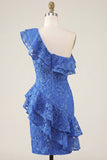 One Shoulder Ruffled Bodycon Lace Applique Royal Blue Homecoming Dress