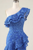 One Shoulder Ruffled Bodycon Lace Applique Royal Blue Homecoming Dress