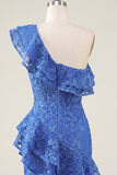One Shoulder Ruffled Bodycon Lace Applique Royal Blue Homecoming Dress