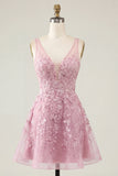 Pink A-Line V-Neck Applique Short Homecoming Dress