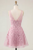 Pink A-Line V-Neck Applique Short Homecoming Dress