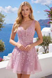 Pink A-Line V-Neck Applique Short Homecoming Dress