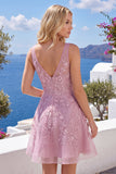 Pink A-Line V-Neck Applique Short Homecoming Dress