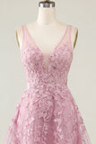Pink A-Line V-Neck Applique Short Homecoming Dress