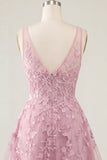 Pink A-Line V-Neck Applique Short Homecoming Dress