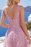 Pink A-Line V-Neck Applique Short Homecoming Dress
