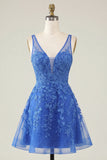 Pink A-Line V-Neck Applique Short Homecoming Dress
