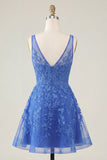 Pink A-Line V-Neck Applique Short Homecoming Dress