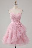 A Line Tulle Applique Spaghetti Straps Pink Homecoming Dress with Ruffles