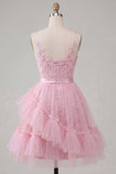 A Line Tulle Applique Spaghetti Straps Pink Homecoming Dress with Ruffles