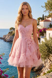 A Line Tulle Applique Spaghetti Straps Pink Homecoming Dress with Ruffles