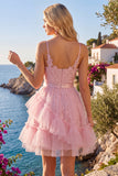 A Line Tulle Applique Spaghetti Straps Pink Homecoming Dress with Ruffles