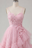 A Line Tulle Applique Spaghetti Straps Pink Homecoming Dress with Ruffles