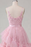 A Line Tulle Applique Spaghetti Straps Pink Homecoming Dress with Ruffles
