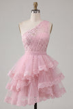 One Shoulder A Line Ruffle Tiered Tulle Applique Pink Homecoming Dress