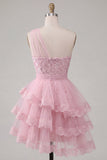 One Shoulder A Line Ruffle Tiered Tulle Applique Pink Homecoming Dress