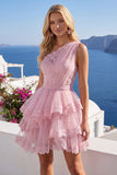 One Shoulder A Line Ruffle Tiered Tulle Applique Pink Homecoming Dress