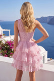 One Shoulder A Line Ruffle Tiered Tulle Applique Pink Homecoming Dress