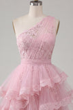 One Shoulder A Line Ruffle Tiered Tulle Applique Pink Homecoming Dress
