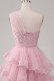 One Shoulder A Line Ruffle Tiered Tulle Applique Pink Homecoming Dress