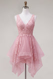 Pink A Line V Neck Applique Tulle Short Homecoming Dress