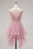 Pink A Line V Neck Applique Tulle Short Homecoming Dress