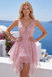 Pink A Line V Neck Applique Tulle Short Homecoming Dress