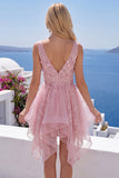 Pink A Line V Neck Applique Tulle Short Homecoming Dress