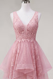 Pink A Line V Neck Applique Tulle Short Homecoming Dress