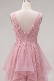 Pink A Line V Neck Applique Tulle Short Homecoming Dress