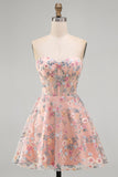 Pink Sweetheart Beaded Applique Corset A Line Floral Homecoming Dress