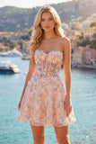 Pink Sweetheart Beaded Applique Corset A Line Floral Homecoming Dress