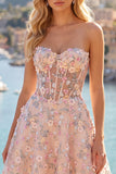 Pink Sweetheart Beaded Applique Corset A Line Floral Homecoming Dress
