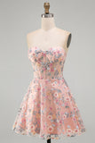 Pink Sweetheart Beaded Applique Corset A Line Floral Homecoming Dress
