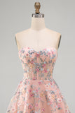 Pink Sweetheart Beaded Applique Corset A Line Floral Homecoming Dress