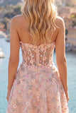 Pink Sweetheart Beaded Applique Corset A Line Floral Homecoming Dress