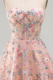 Pink Sweetheart Beaded Applique Corset A Line Floral Homecoming Dress