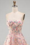 Pink Sweetheart Beaded Applique Corset A Line Floral Homecoming Dress