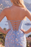Sweetheart Corset Bodycon Blue Floral Homecoming Dress with Appliques