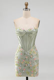 Sweetheart Corset Bodycon Blue Floral Homecoming Dress with Appliques
